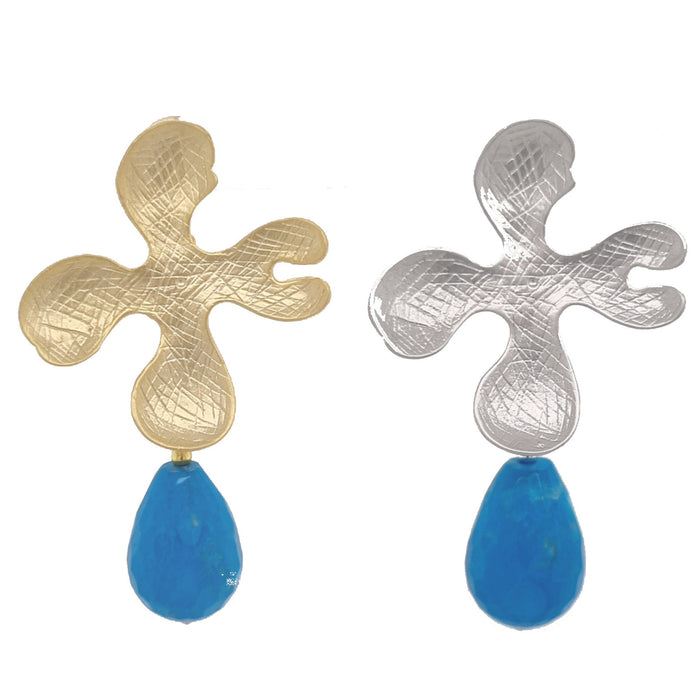 A pair of earrings featuring a gold or silver stud with turquoise howlite stones and silver beads, displayed against a white background.