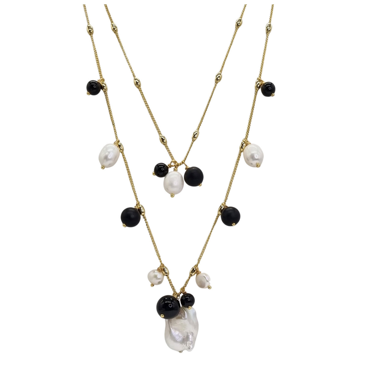 Glamour Double Layer Necklace with Onyx and Freshwater Pearls