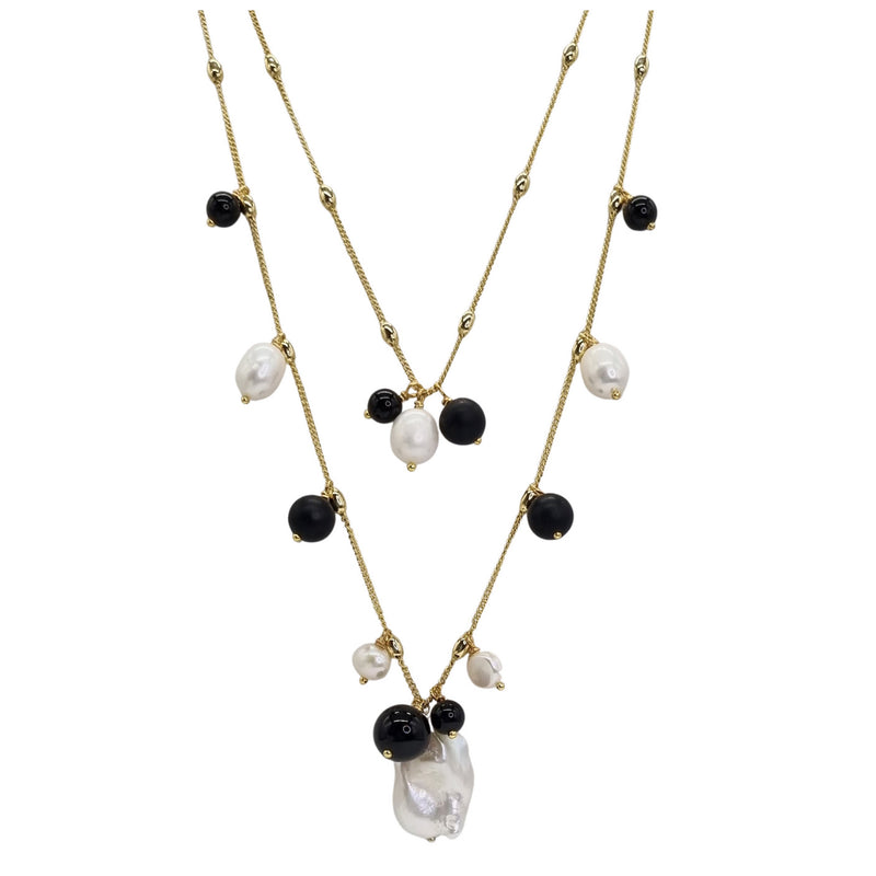 Glamour Double Layer Necklace with Onyx and Freshwater Pearls