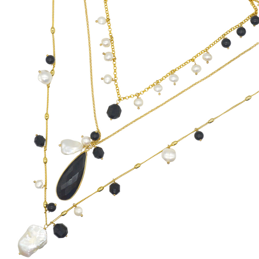 Glamour Onyx and Fresh Water Pearl necklaces set of 3
