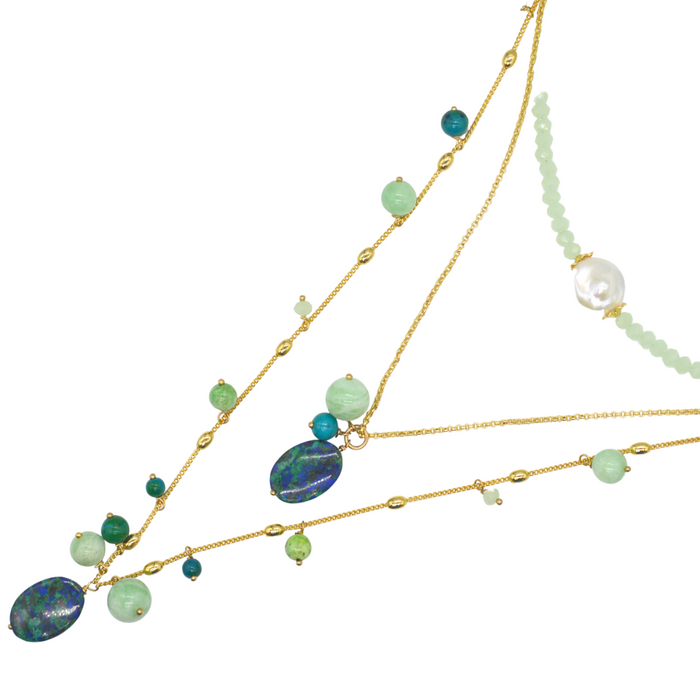Glamour Green Moonstone, Azurite, Green Varisite and Fresh Water Pearl necklaces