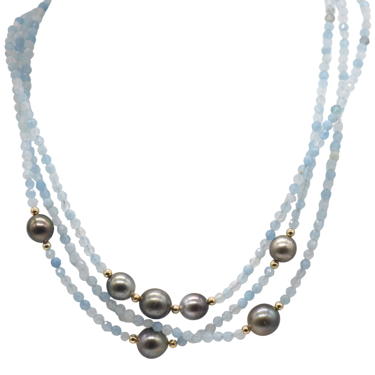 Venus 14k Gold filled, Aquamarine & Tahitian Pearl necklaces