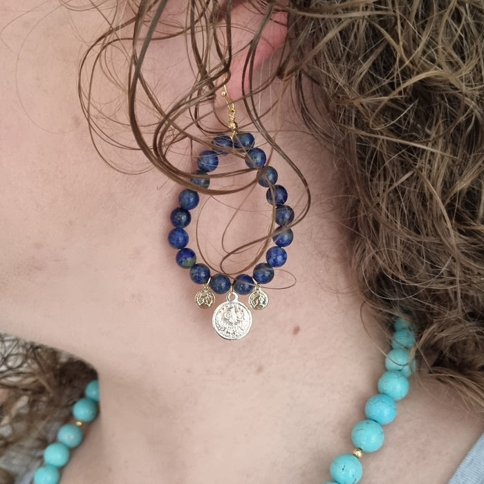 Vera hoop Earrings with Coin drops Lapis Lazuli on model