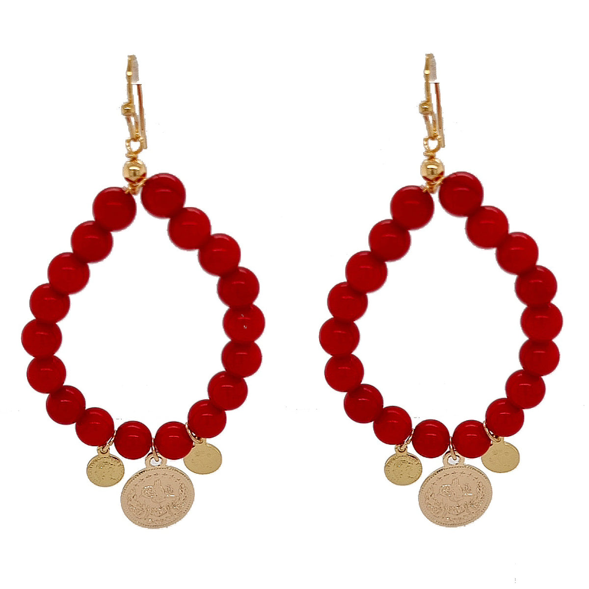 Vera hoop Earrings with Coin drops Red Sea Bamboo Coral