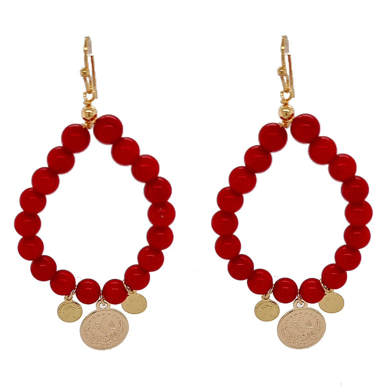 Vera hoop Earrings with Coin drops Red Sea Bamboo Coral