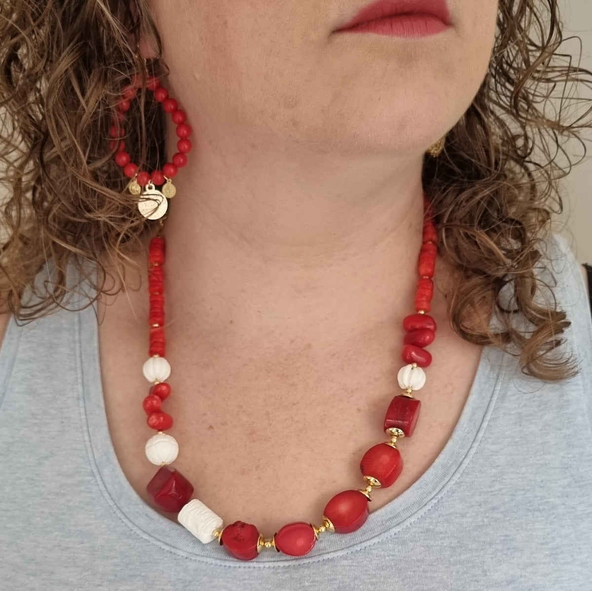 Vera hoop Earrings with Coin drops red coral on model