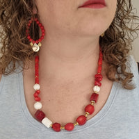 Vera hoop Earrings with Coin drops red coral on model