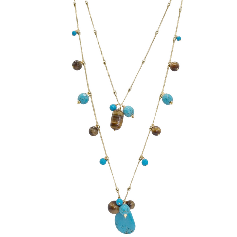 Glamour Double Layer Necklace with Turquoise Magnesite & Tigereye