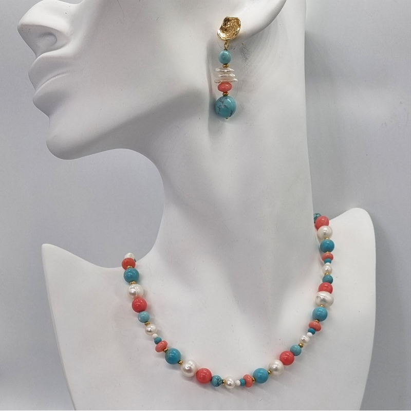 Aphrodite Turquoise, Freshwater Pearl and Coral Hoop Earrings