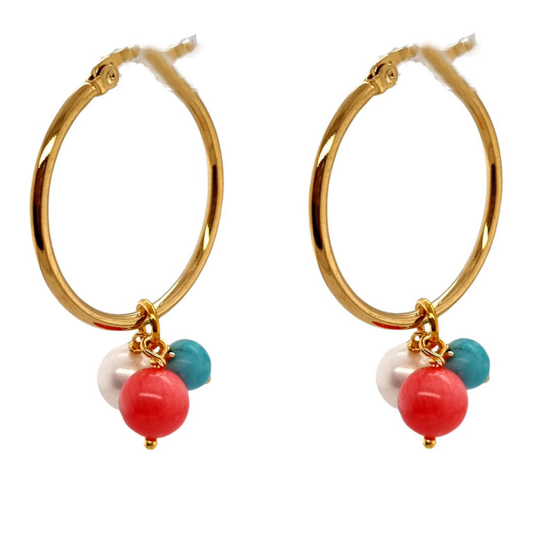 Aphrodite Turquoise, Freshwater Pearl and Coral Hoop Earrings